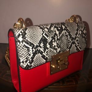 Black and white snake skin, red purse